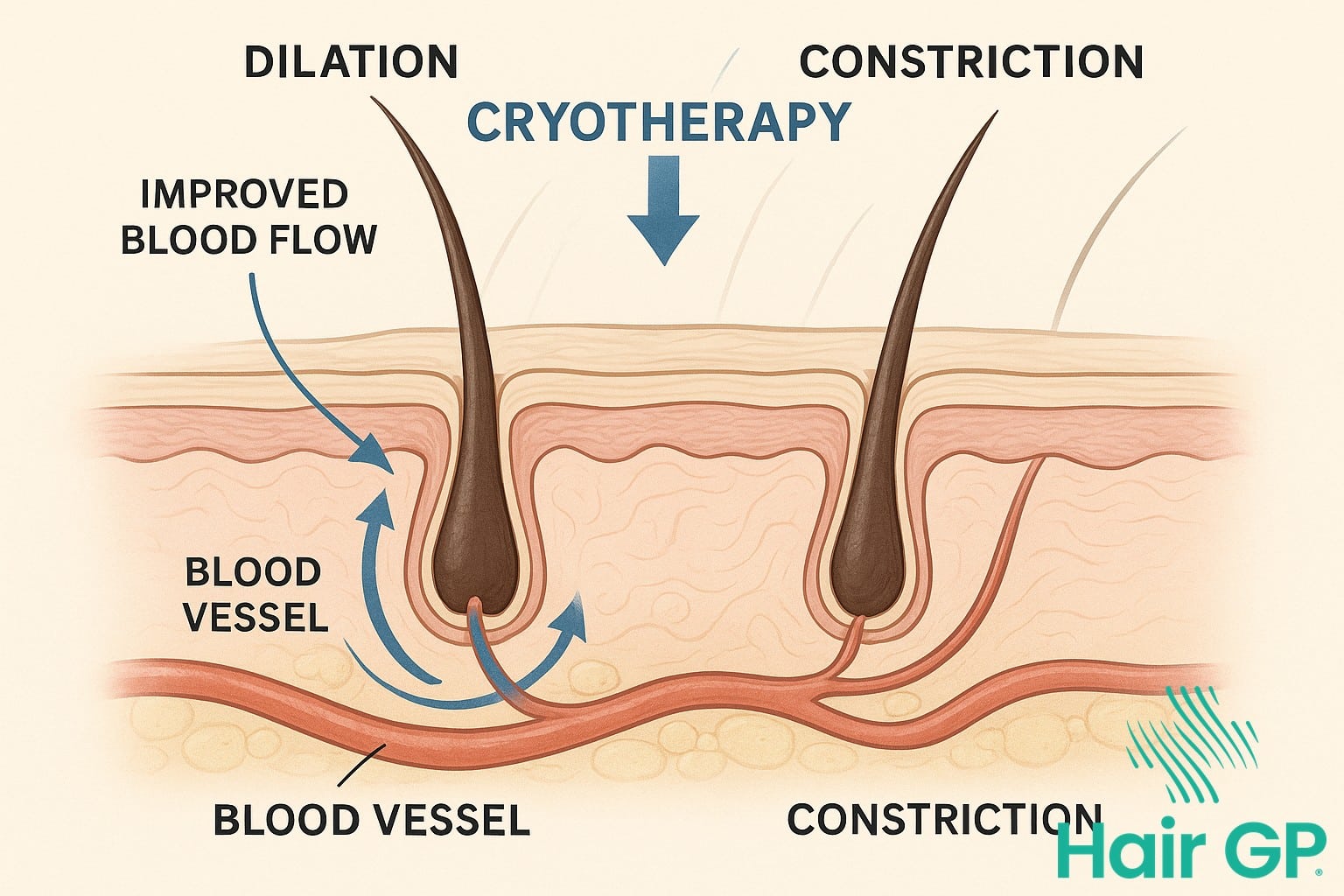 Diagram showing how cryotherapy improves blood circulation to hair follicles