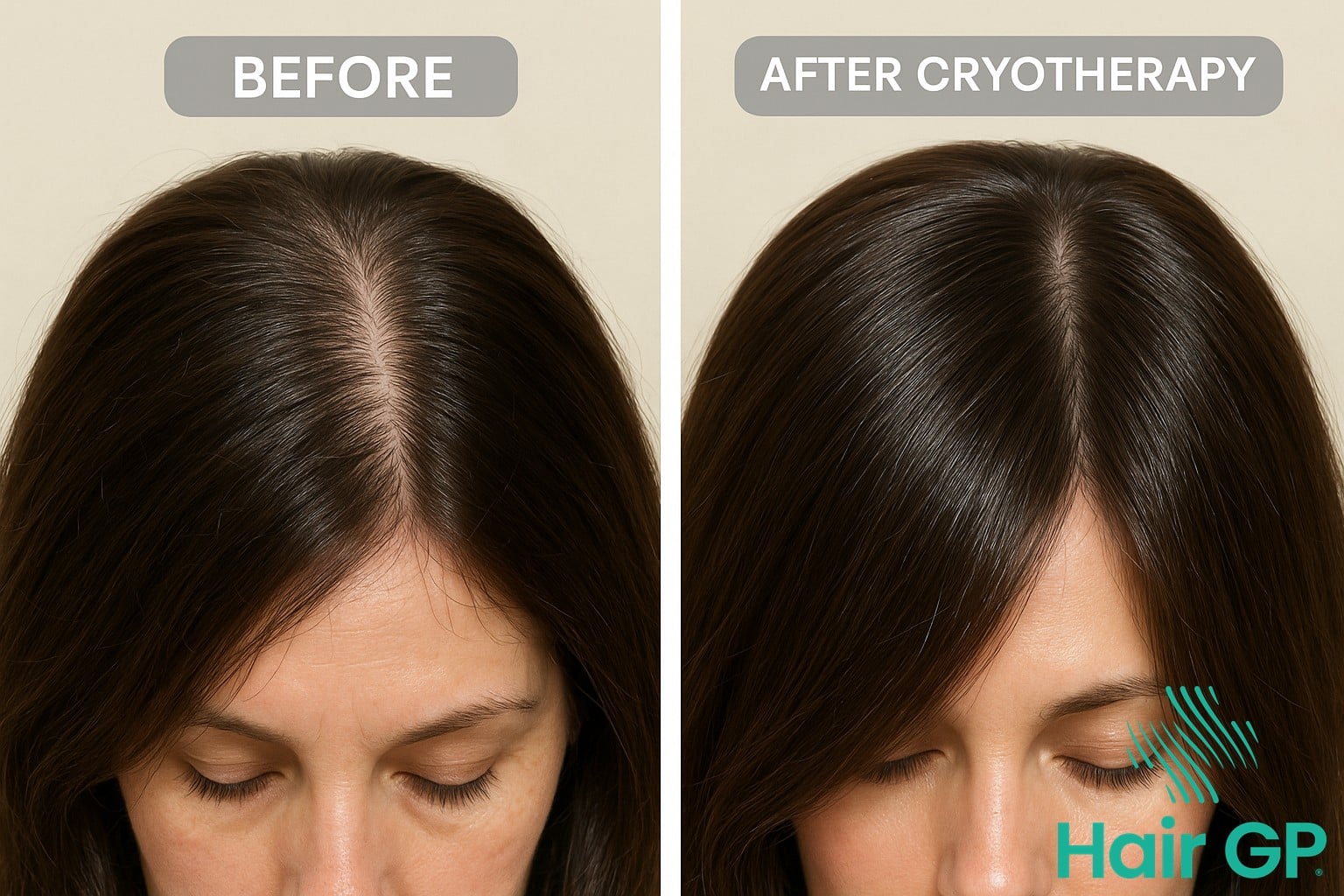 Before and after photos showing hair growth improvement from cryotherapy treatment