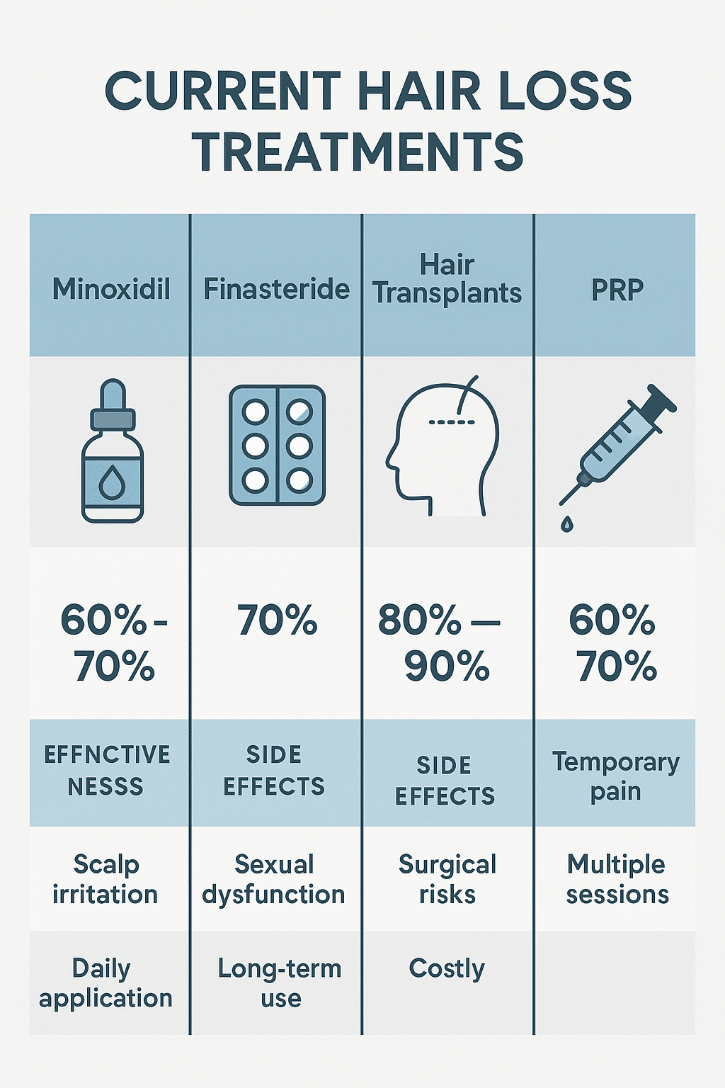 Comparison infographic of current hair loss treatments including minoxidil and finasteride