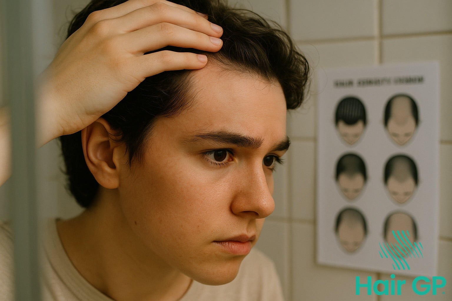 Young adult checking hairline for early signs of hair loss in bathroom mirror
