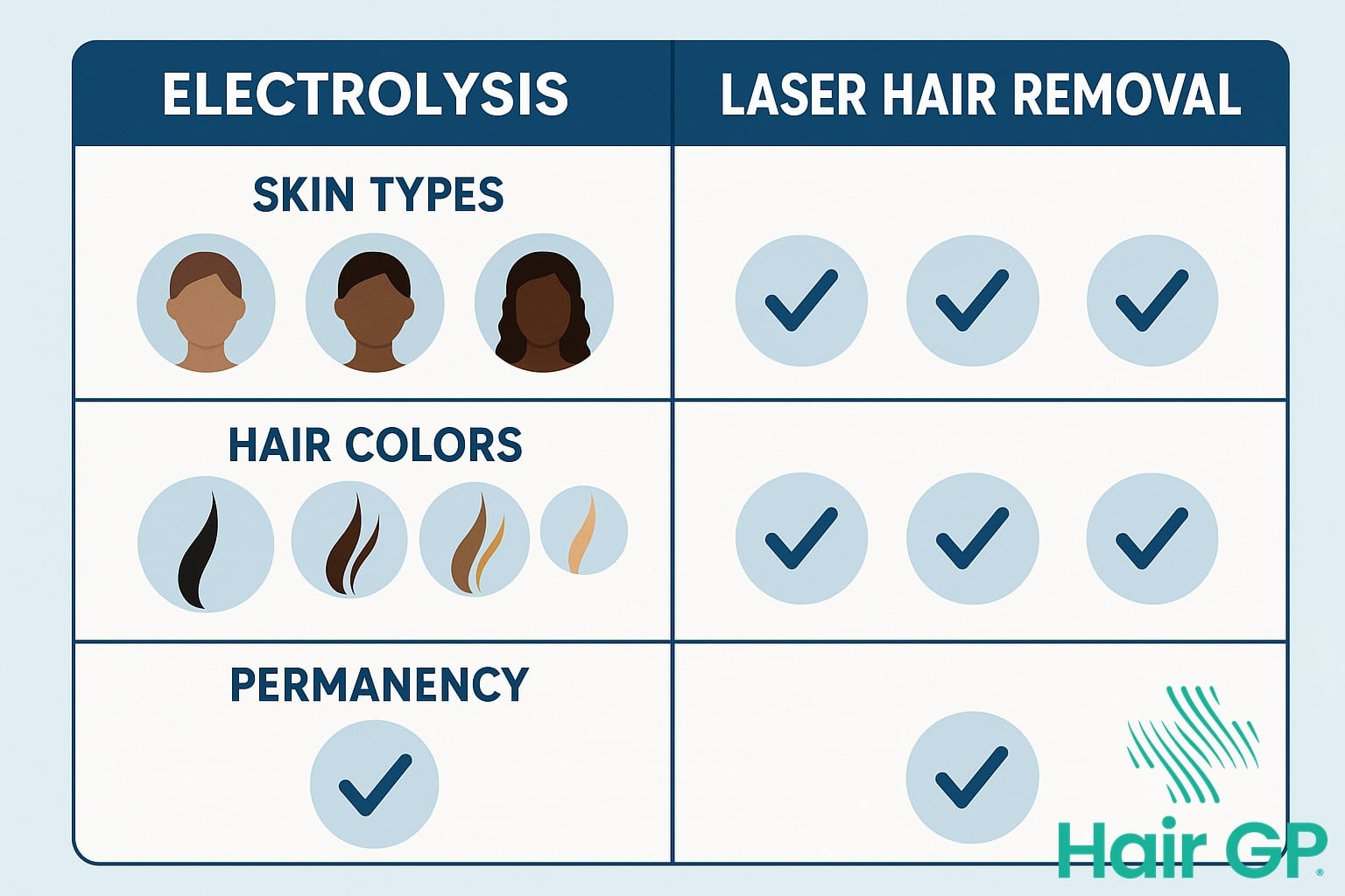 Comparison chart of electrolysis versus laser hair removal showing effectiveness for different hair and skin types