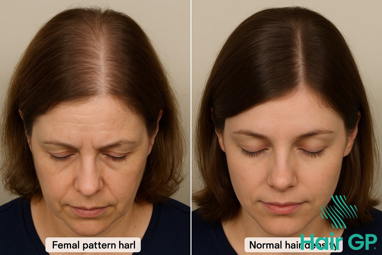 Female pattern hair loss showing widening part compared to normal hair density