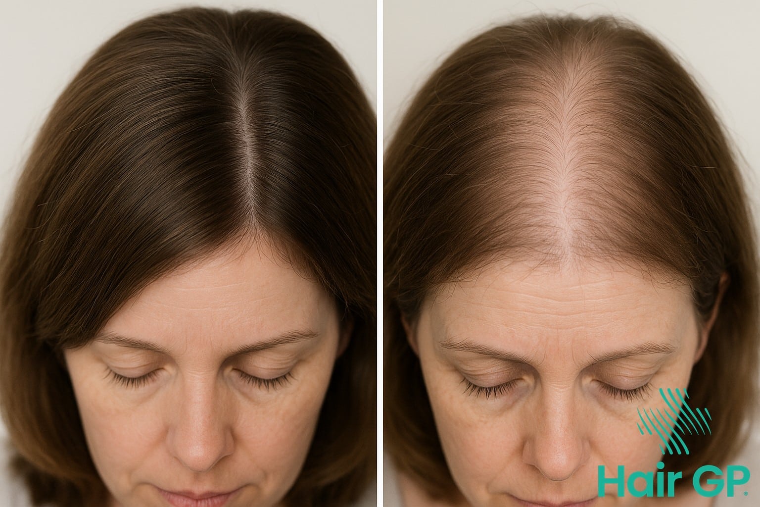 Comparison of normal hair density versus female pattern hair loss showing widened parting