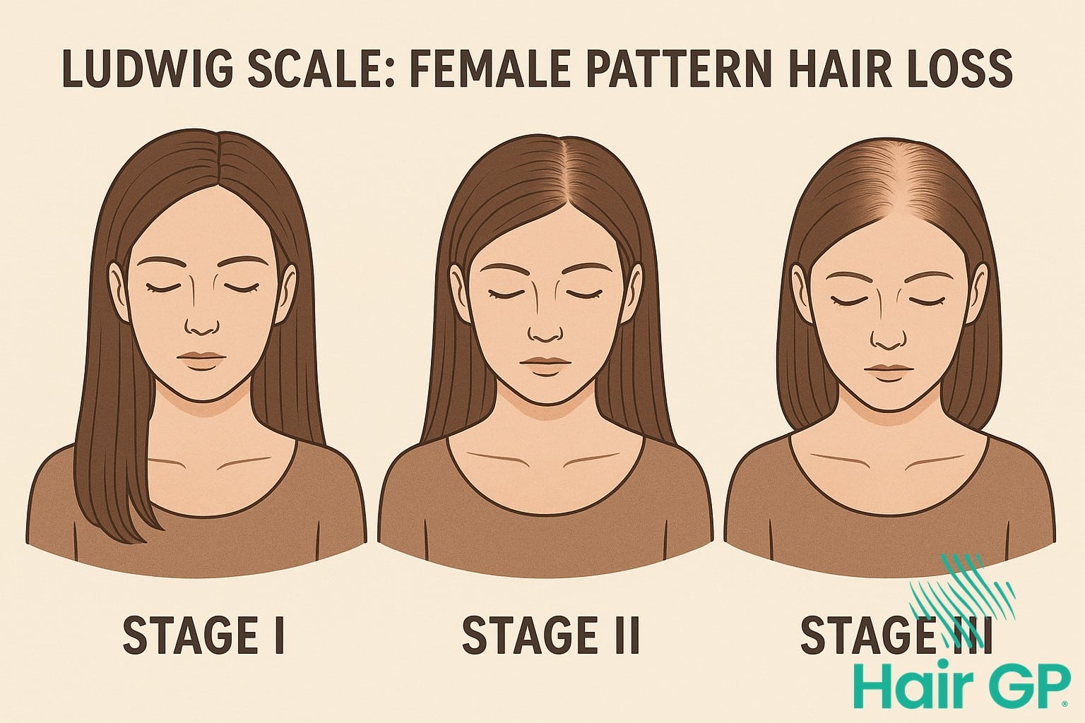 Ludwig scale illustration showing three stages of female pattern hair loss progression