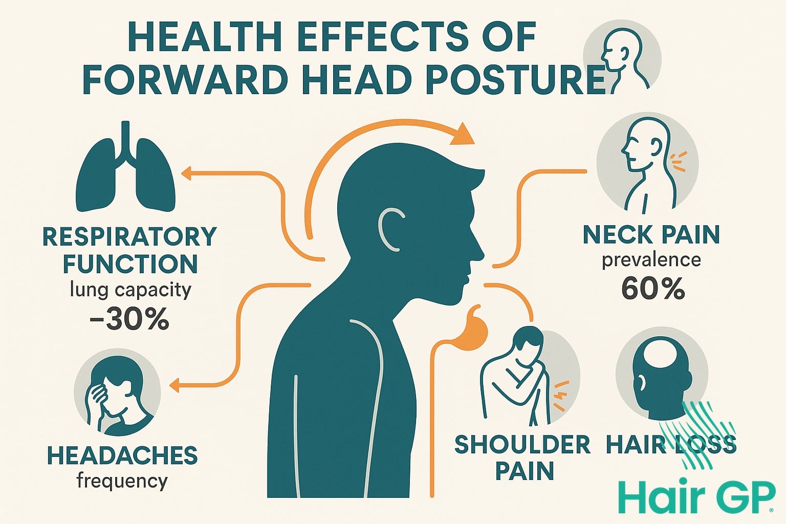 Infographic showing multiple health consequences of forward head posture including hair loss