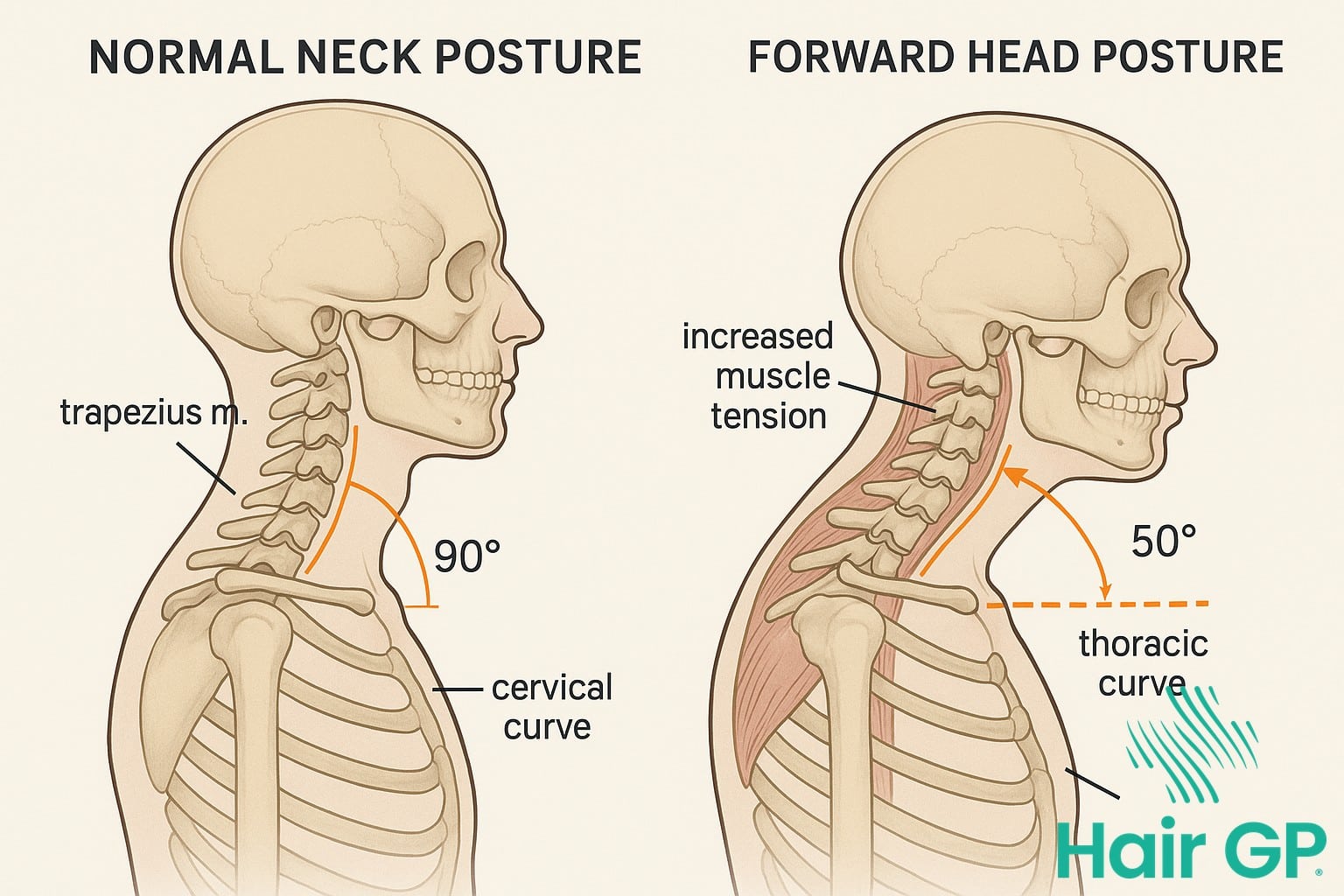 Anatomical diagram comparing normal neck posture to forward head posture from smartphone use