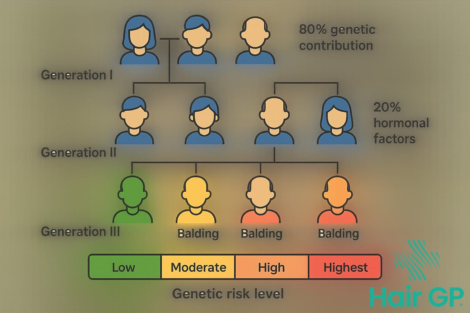 Diagram showing genetic inheritance patterns of male pattern baldness