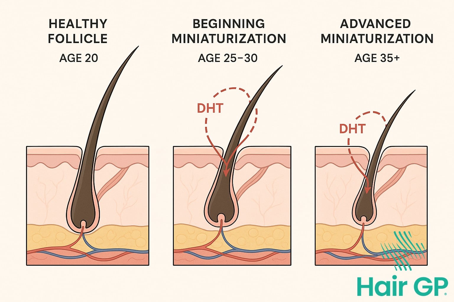 Diagram showing hair follicle miniaturization stages from healthy to advanced hair loss