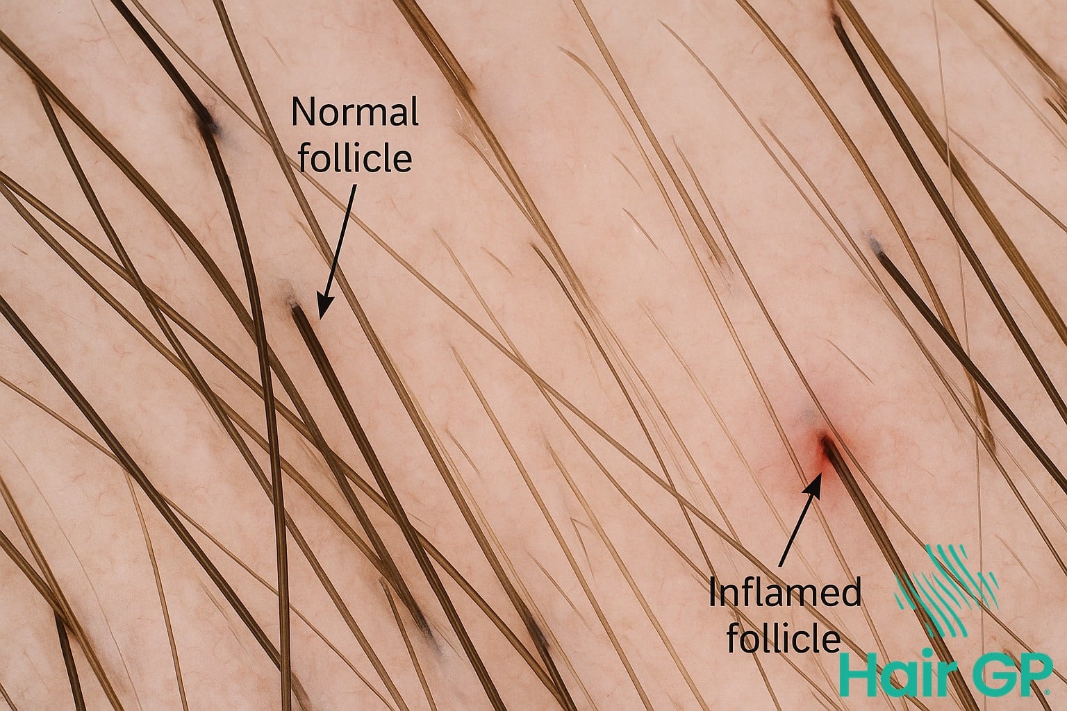 Dermoscopy image showing hair follicles with diagnostic patterns for hair loss evaluation
