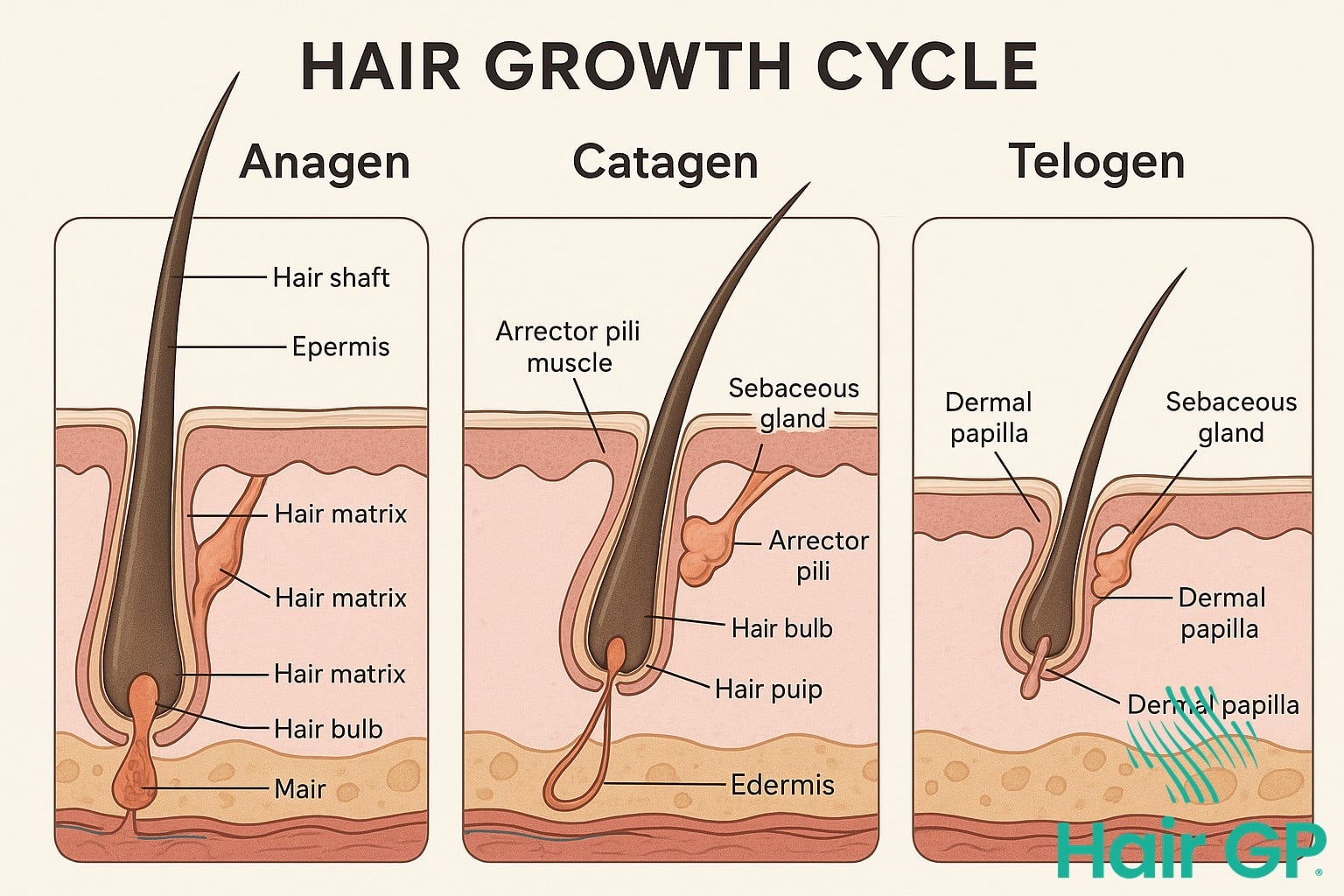 Hair growth cycle diagram showing anagen, catagen, and telogen phases for diagnosis