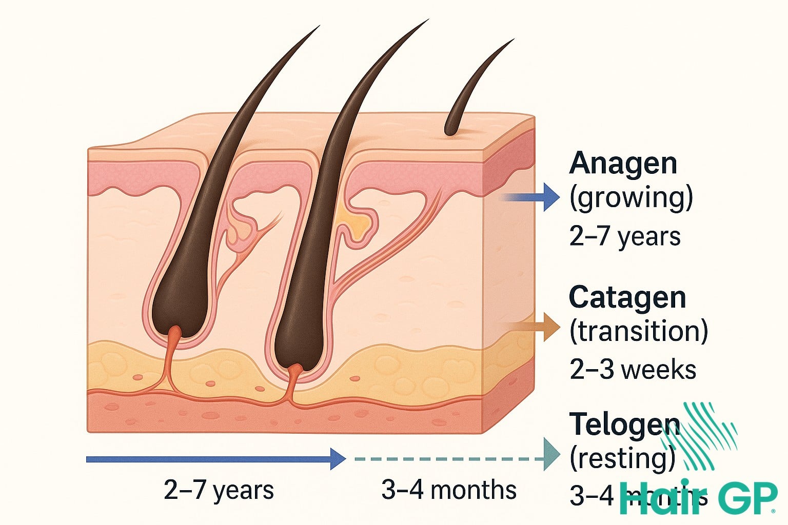 Hair growth cycle diagram showing anagen, catagen, and telogen phases