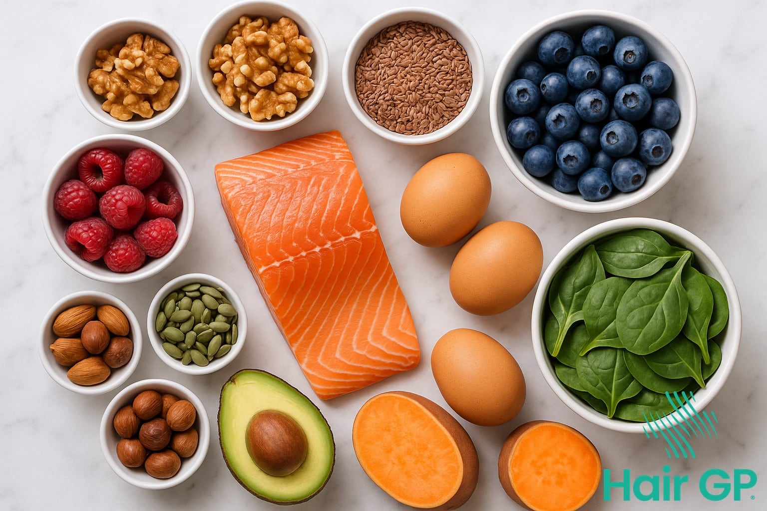 Array of nutrient-rich foods that support healthy hair growth and prevent hair loss