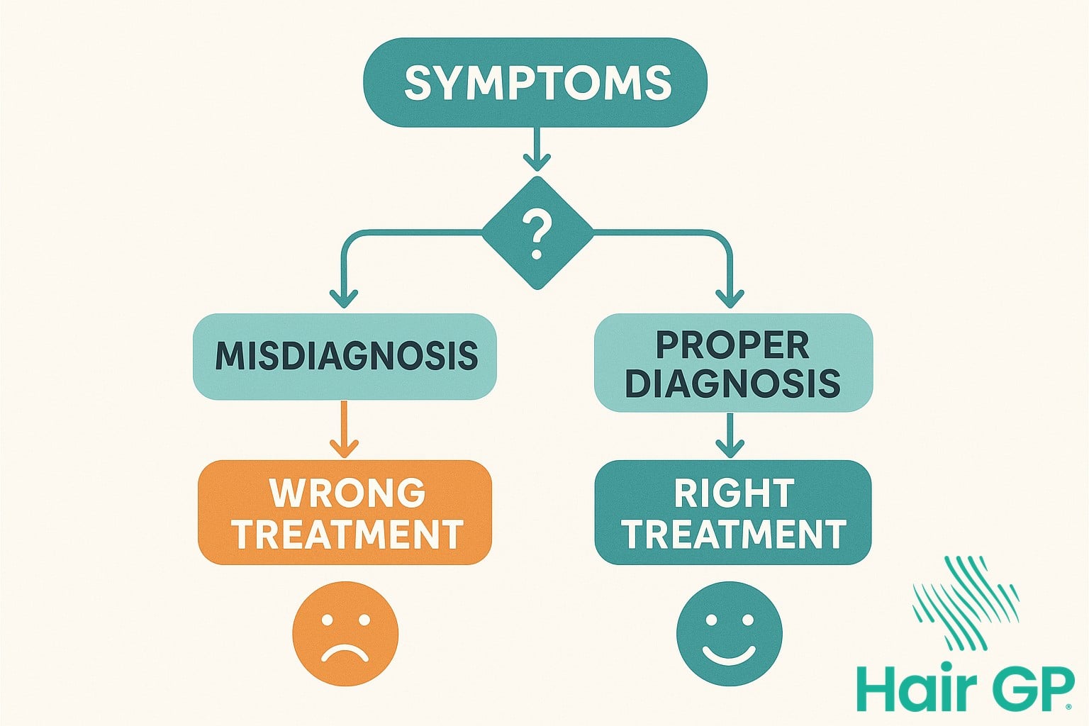 Flowchart comparing hair loss treatment outcomes with and without correct diagnosis