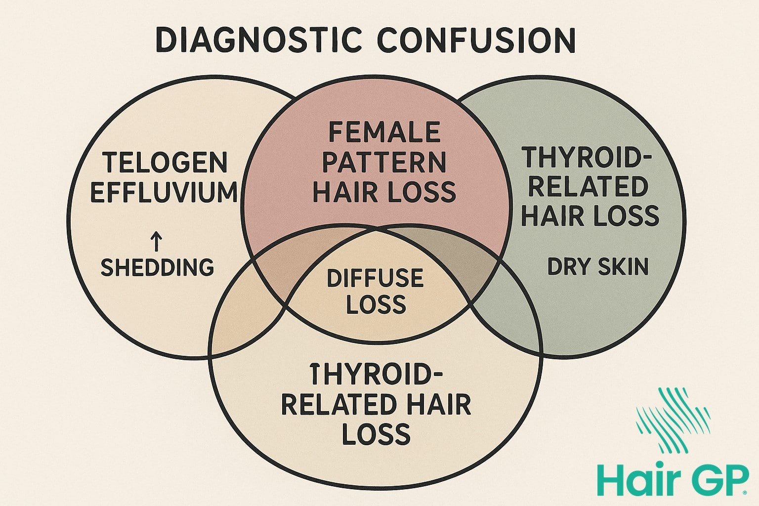 Venn diagram showing overlapping symptoms of different types of female hair loss