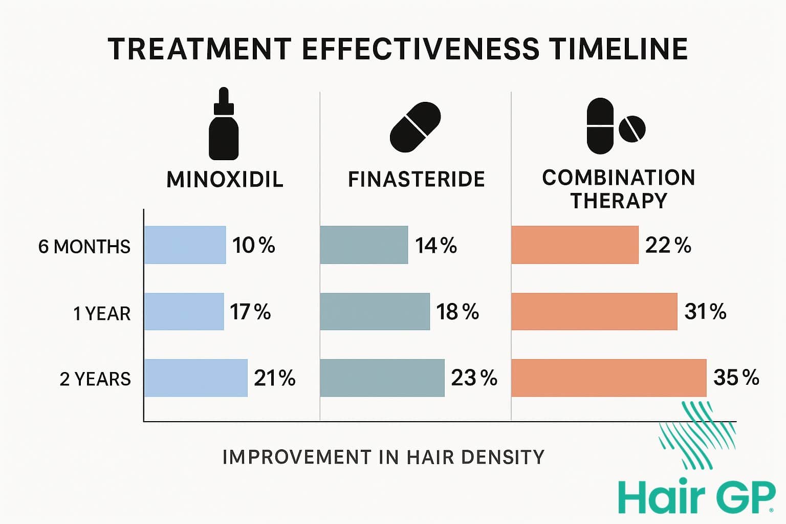 Infographic comparing effectiveness of minoxidil, finasteride and combination hair loss treatments