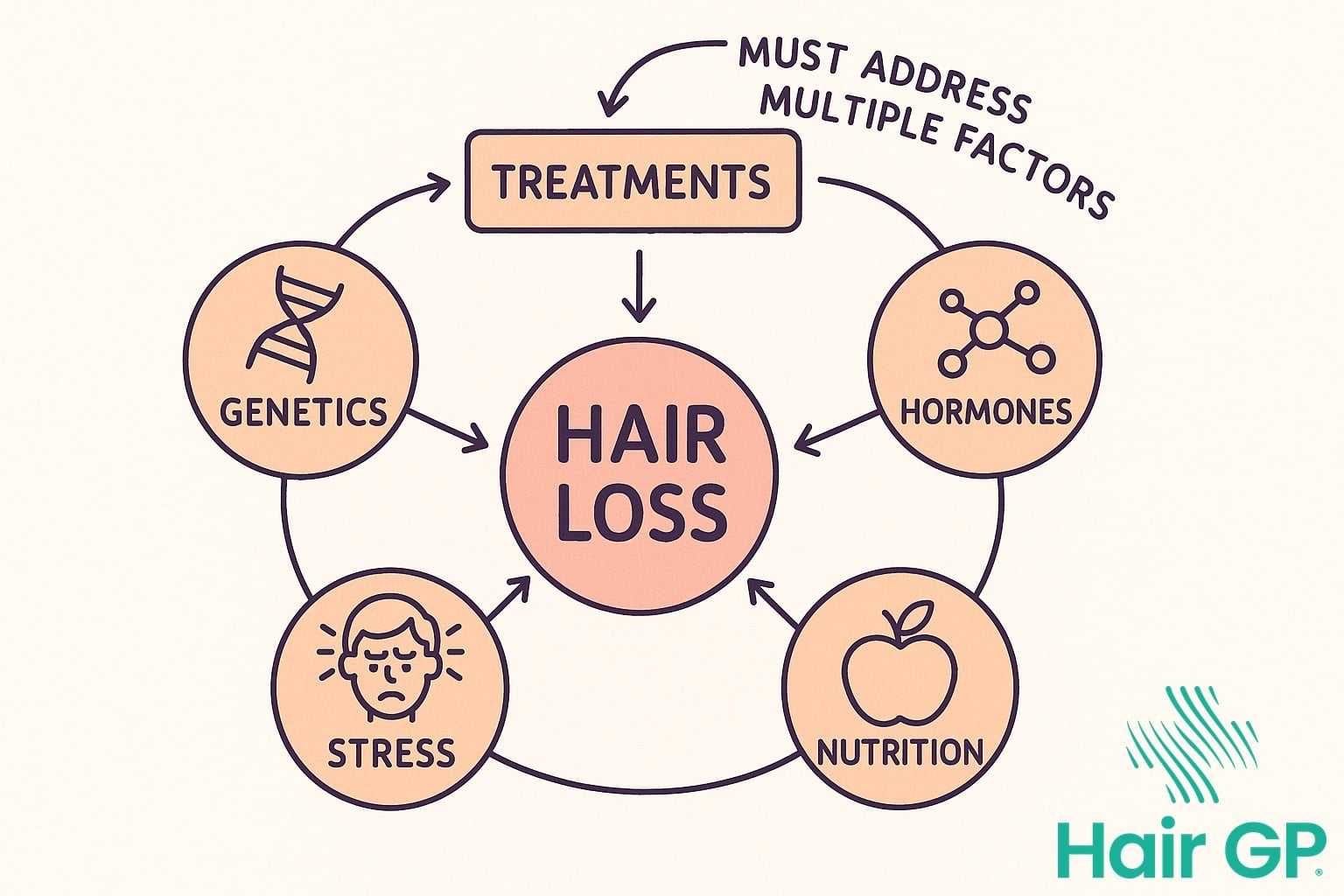 Infographic showing why hair loss treatments fail including genetic, hormonal and stress factors