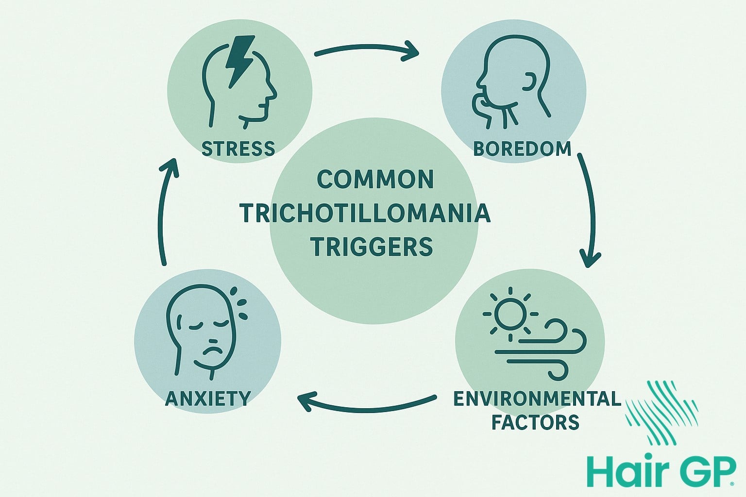 Infographic showing common trichotillomania triggers and patterns
