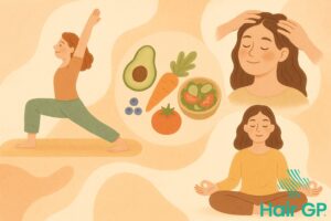 Illustration of natural hair recovery strategies including yoga, nutrition, and scalp massage