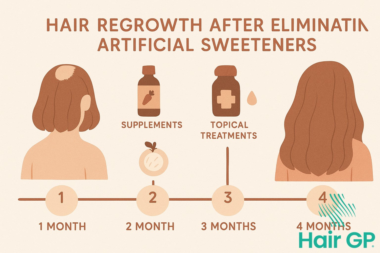 Illustrated timeline showing hair regrowth stages and treatment options after eliminating aspartame
