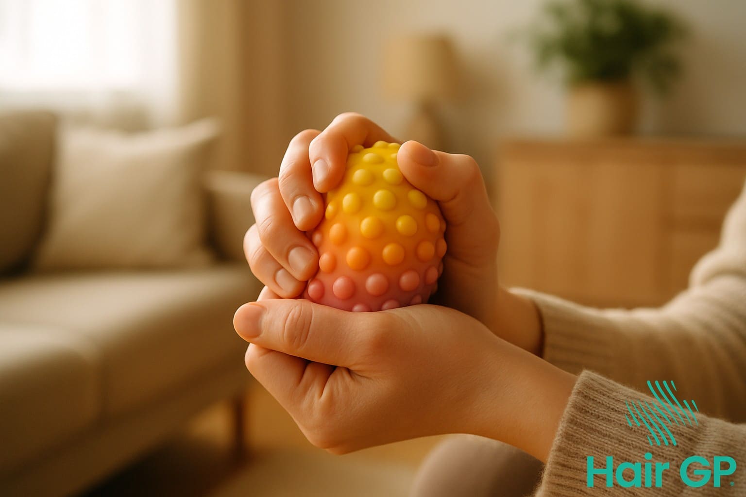Hands using stress relief tools as healthy alternatives to hair pulling