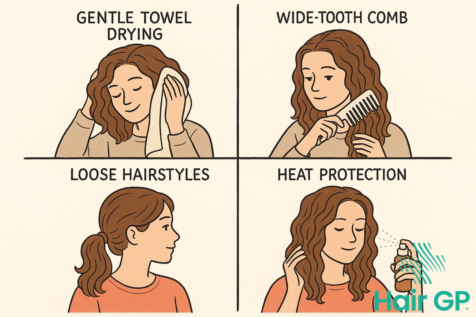 Illustrated guide to gentle hair care routine preventing breakage