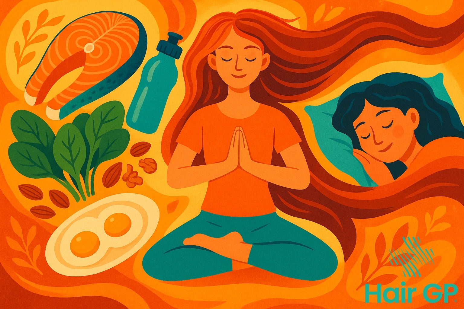 Illustration of healthy lifestyle habits including nutrition, exercise and stress management for hair health