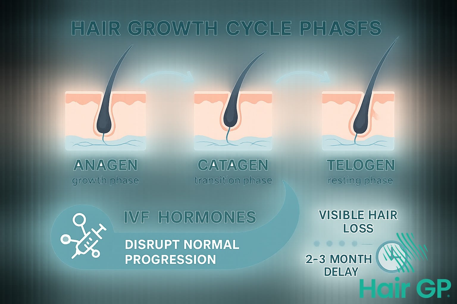 Infographic showing how IVF hormones affect the normal hair growth cycle phases