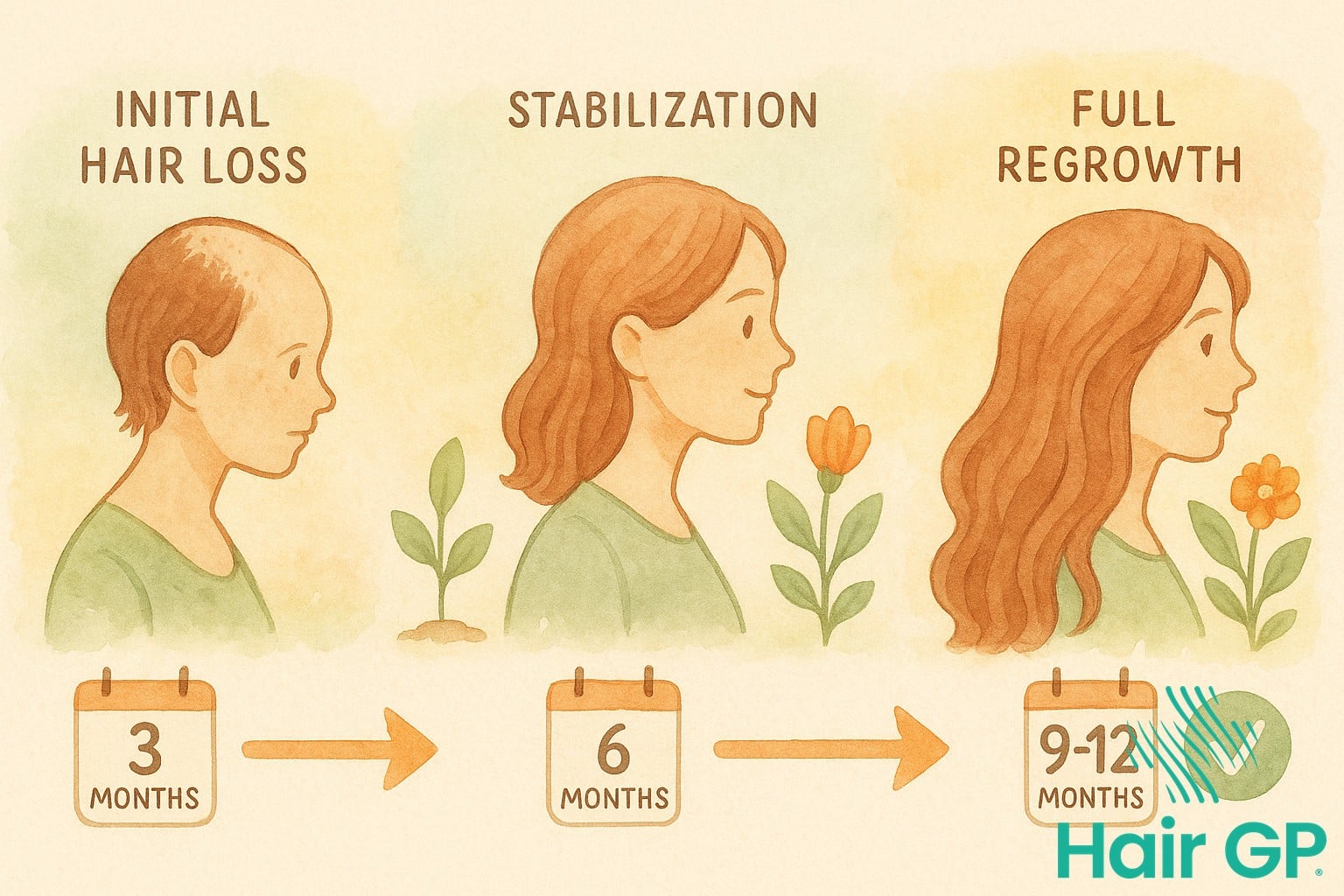 Illustrated timeline showing hair regrowth stages after IVF treatment from 3 to 12 months