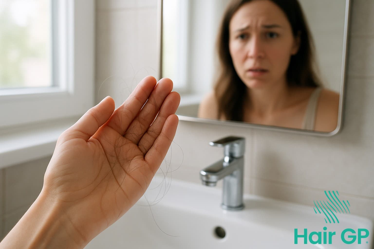 Woman experiencing hair loss holding strands of shed hair