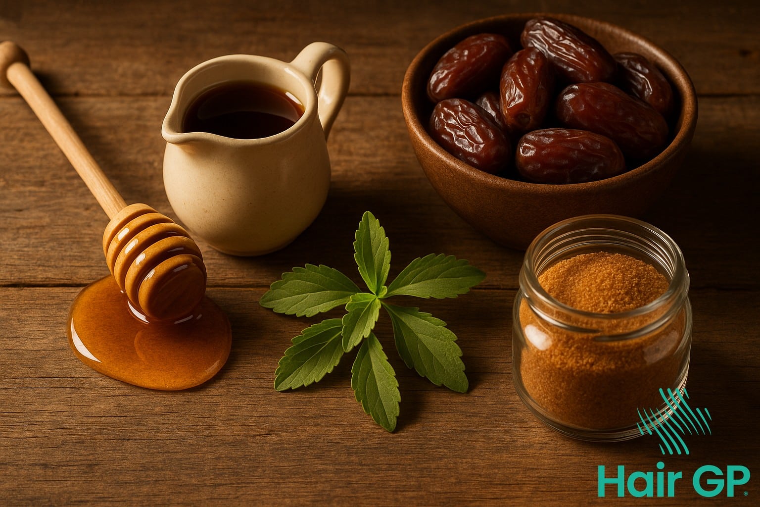Natural sweetener alternatives including honey, maple syrup, dates, and stevia leaves