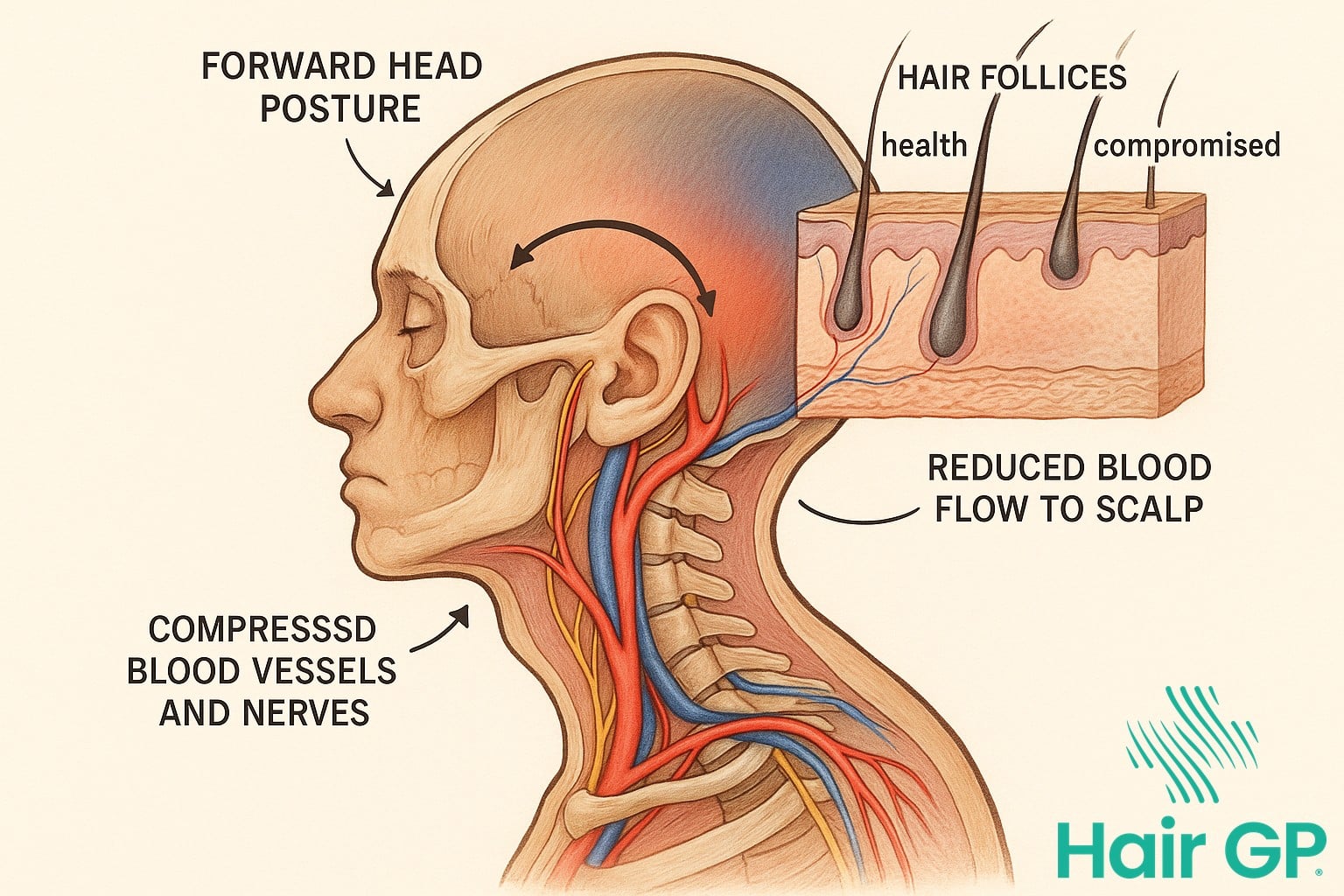Medical illustration showing how forward head posture affects scalp blood flow and hair health
