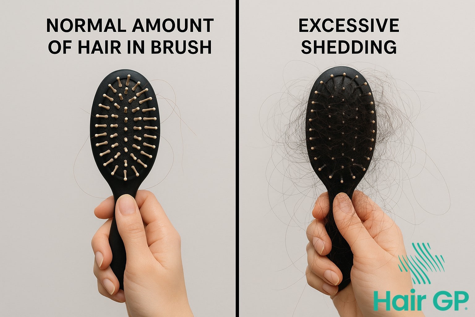 Comparison of normal hair shedding versus excessive hair loss in hairbrush