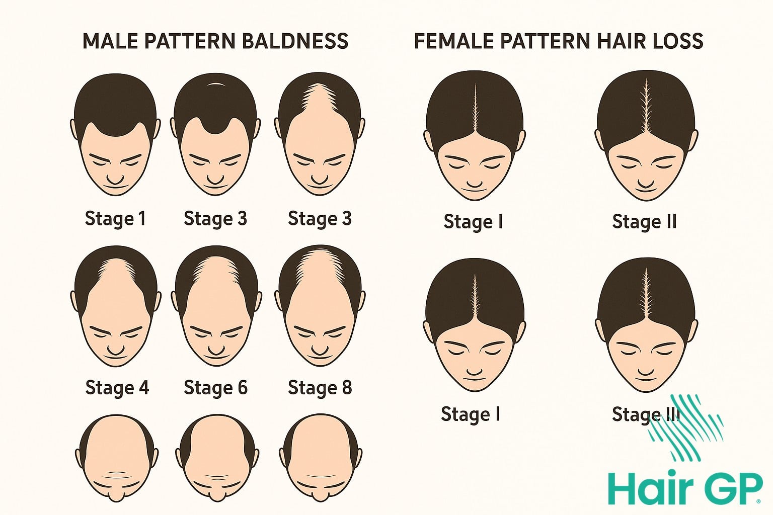 Male and female pattern hair loss progression stages diagram