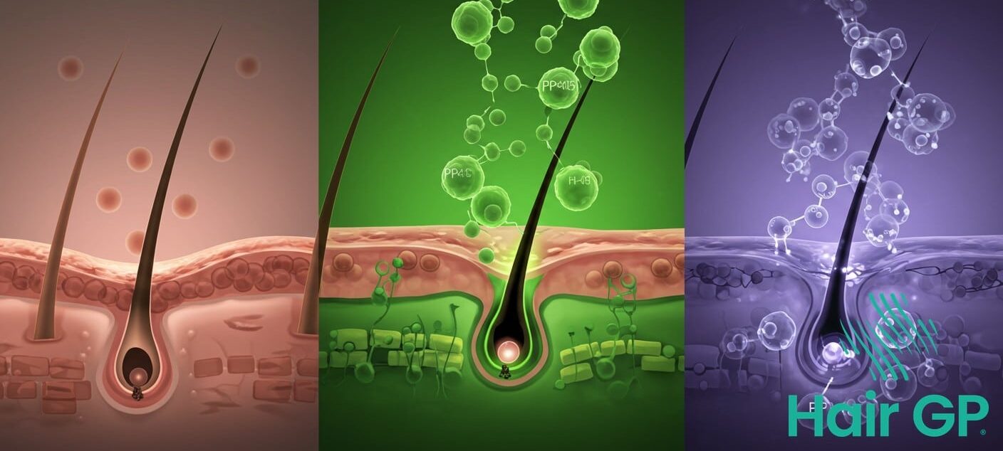PP405 treatment reactivating dormant hair follicles illustration