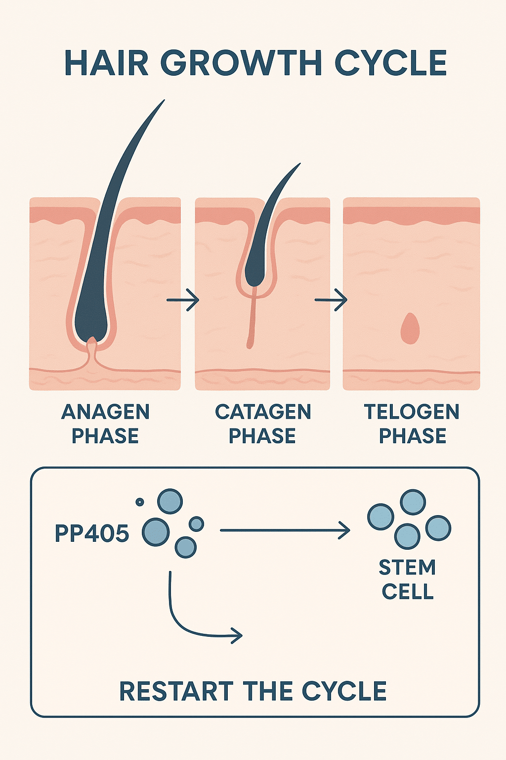 Diagram showing how PP405 interacts with hair growth cycle phases including anagen and telogen