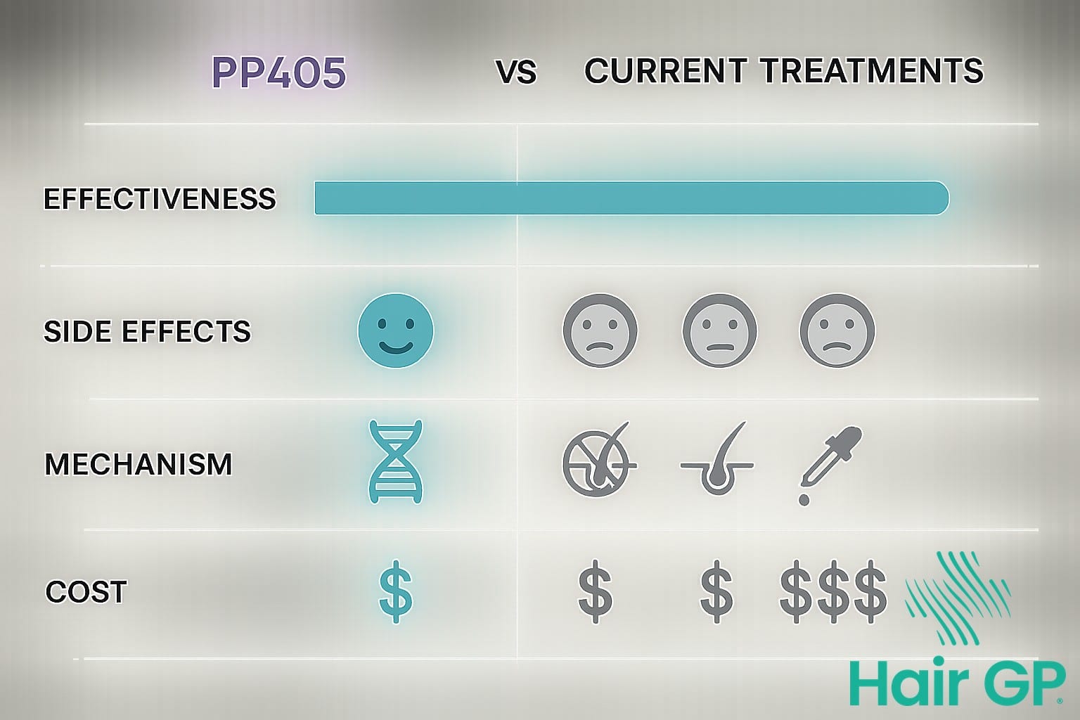 PP405 compared to finasteride, dutasteride and other hair loss treatments