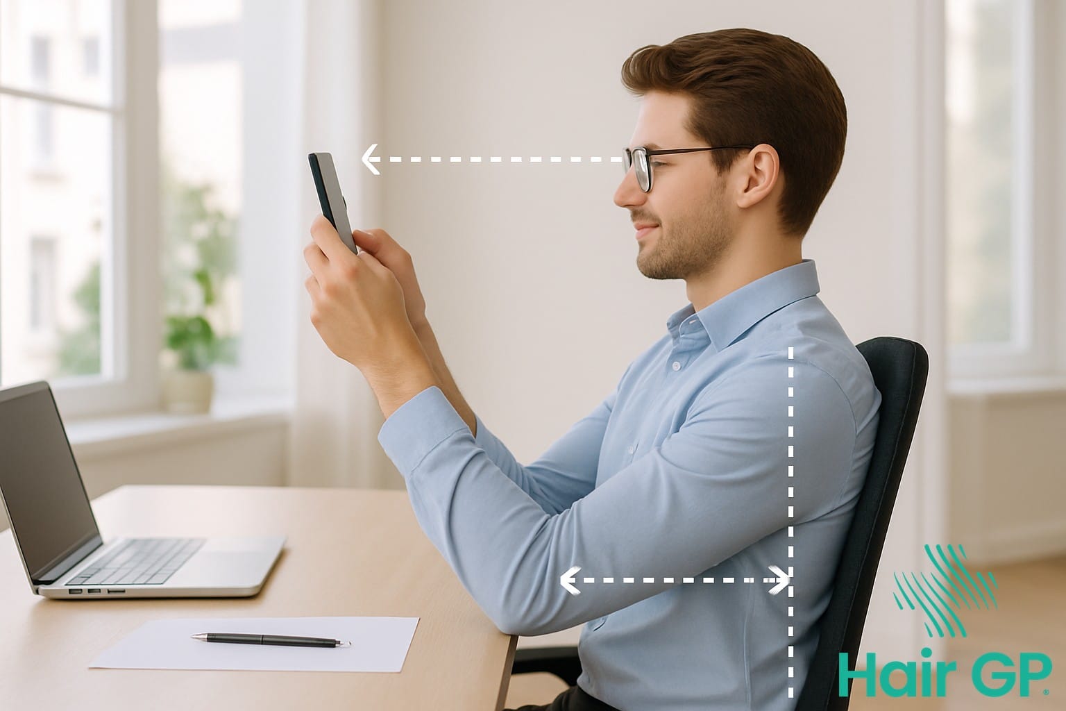 Person demonstrating correct smartphone posture to prevent forward head position