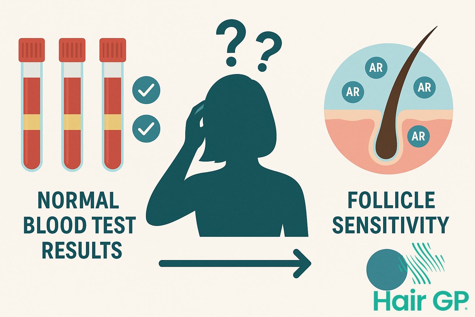 Infographic showing why normal blood tests don't detect female pattern hair loss