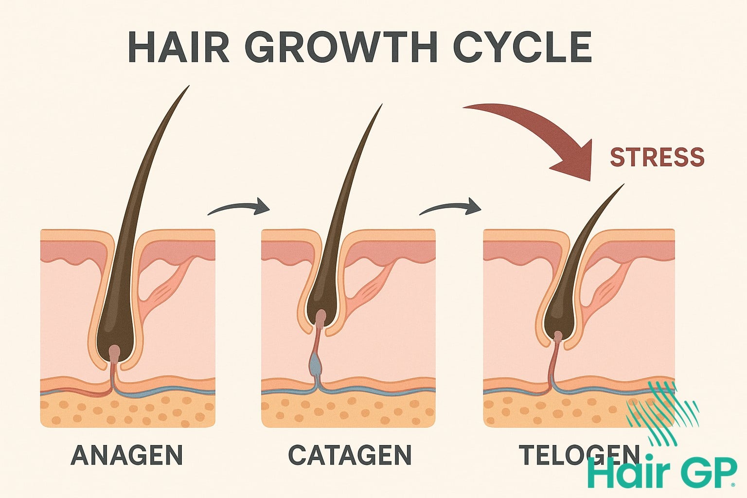 Diagram of hair growth cycle showing telogen effluvium disruption