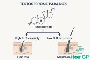 Main illustration for Testosterone Paradox: Why More Doesn't Mean Hair Loss