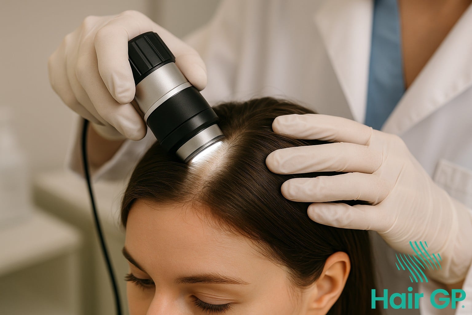 Dermatologist performing trichoscopy examination for hair loss diagnosis