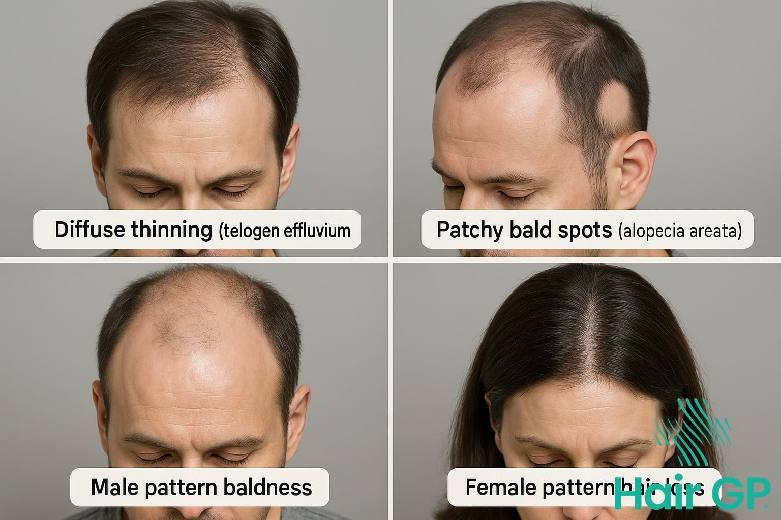 Photographic comparison of different hair loss patterns potentially linked to artificial sweetener consumption
