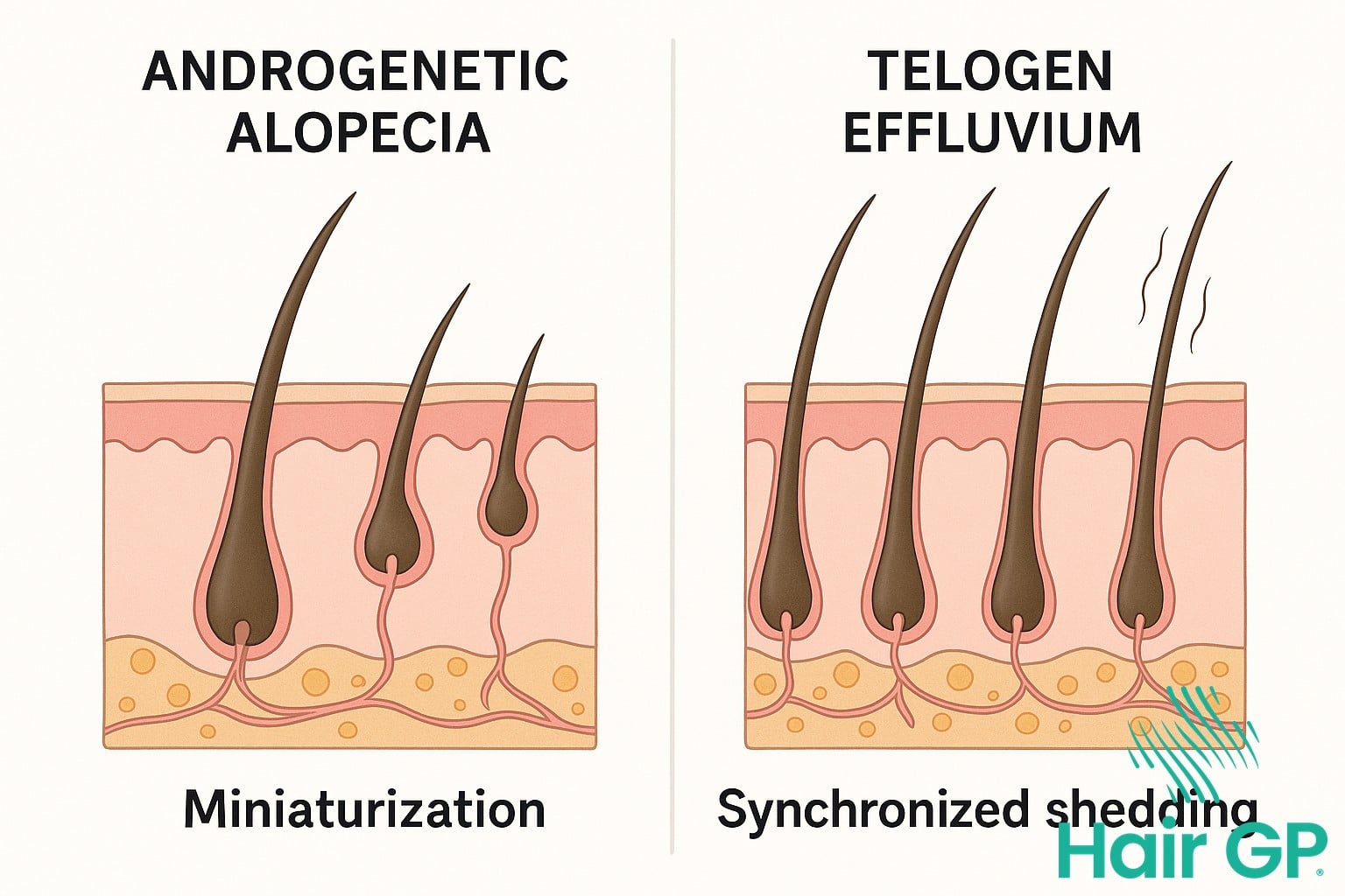 Diagram comparing hair follicle changes in androgenetic alopecia versus telogen effluvium