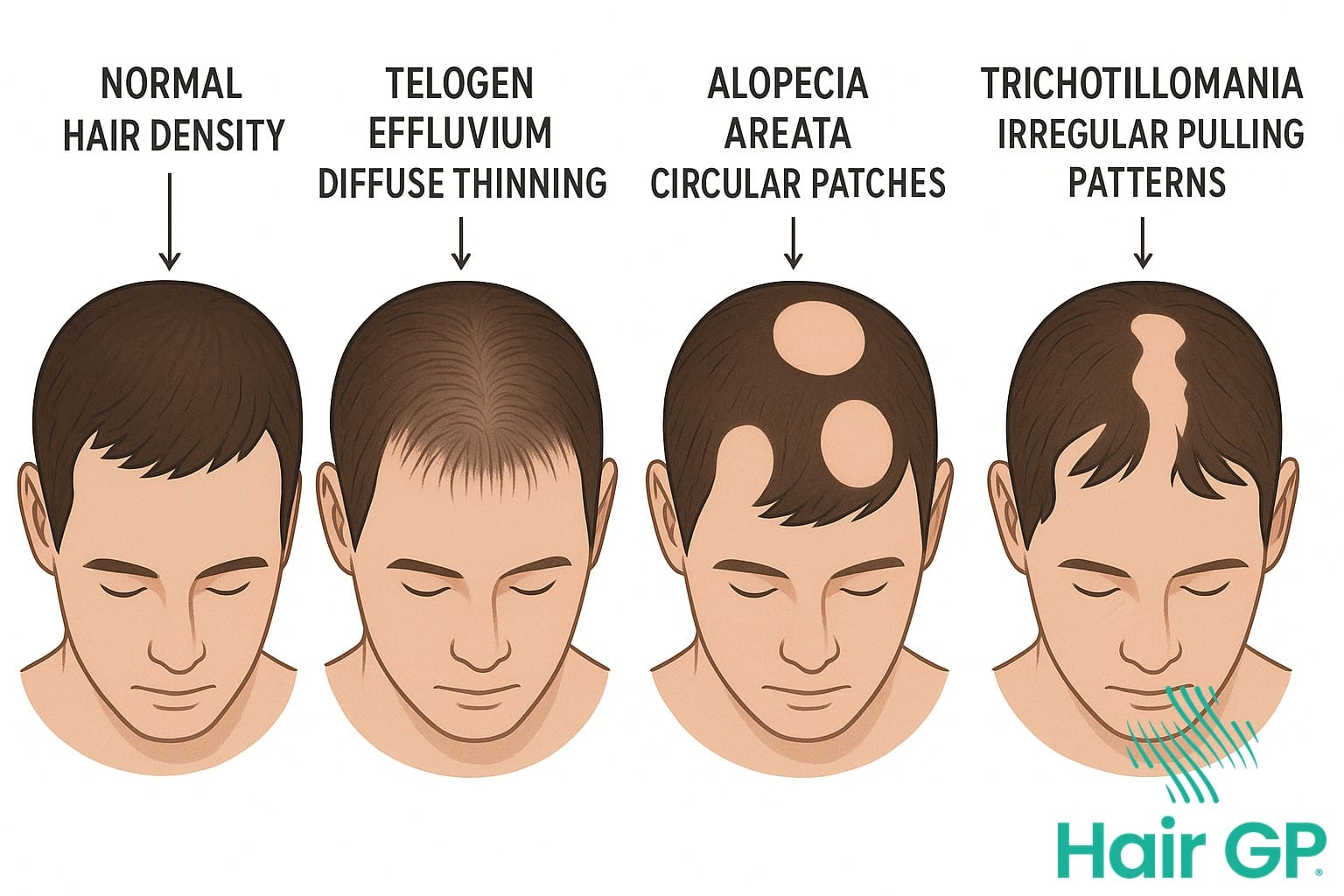 Diagram showing different types of hair loss patterns from emotional stress