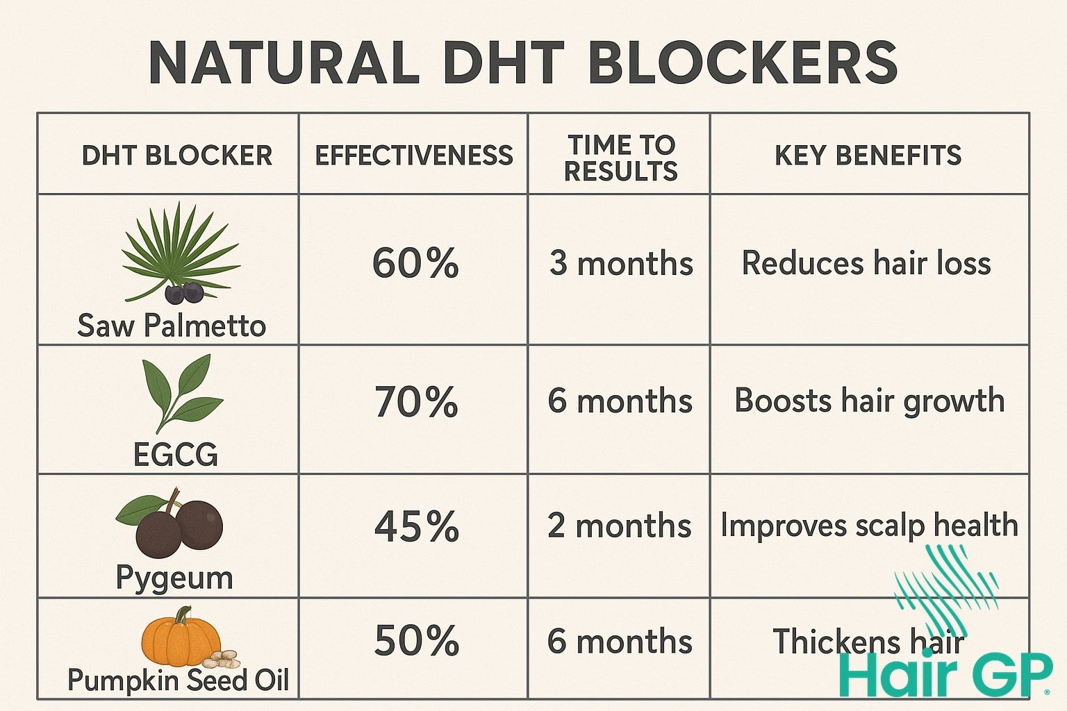 Infographic comparing best natural DHT blockers for women including saw palmetto and pumpkin seed oil