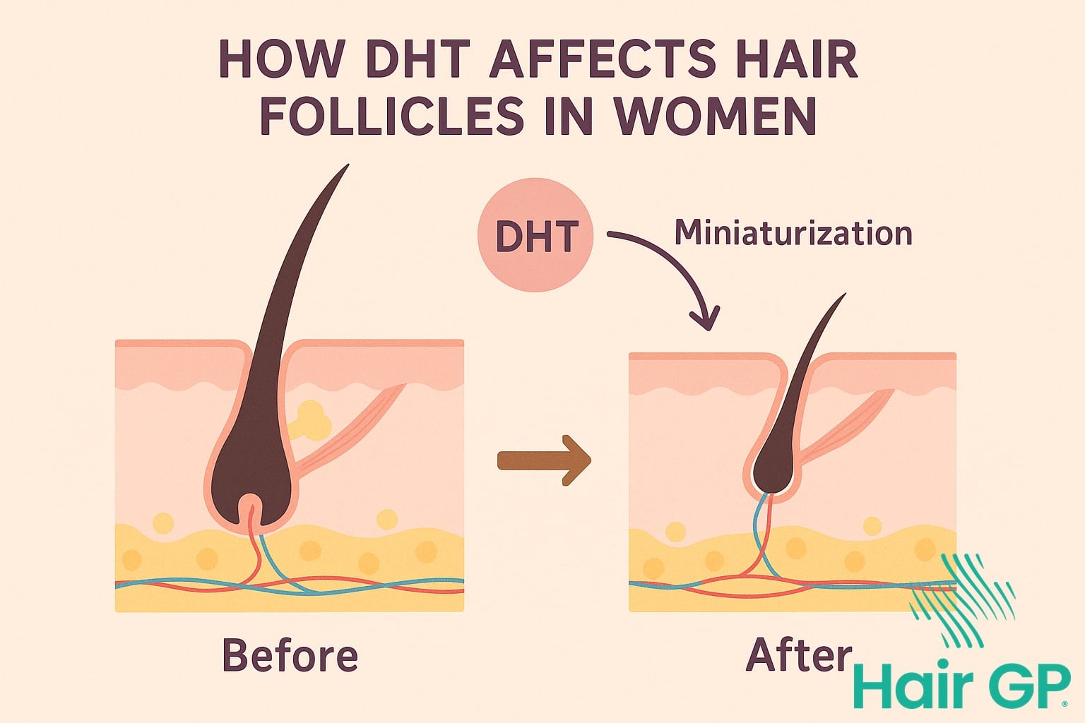 Diagram showing DHT hormone effects on female hair follicles and hair thinning process