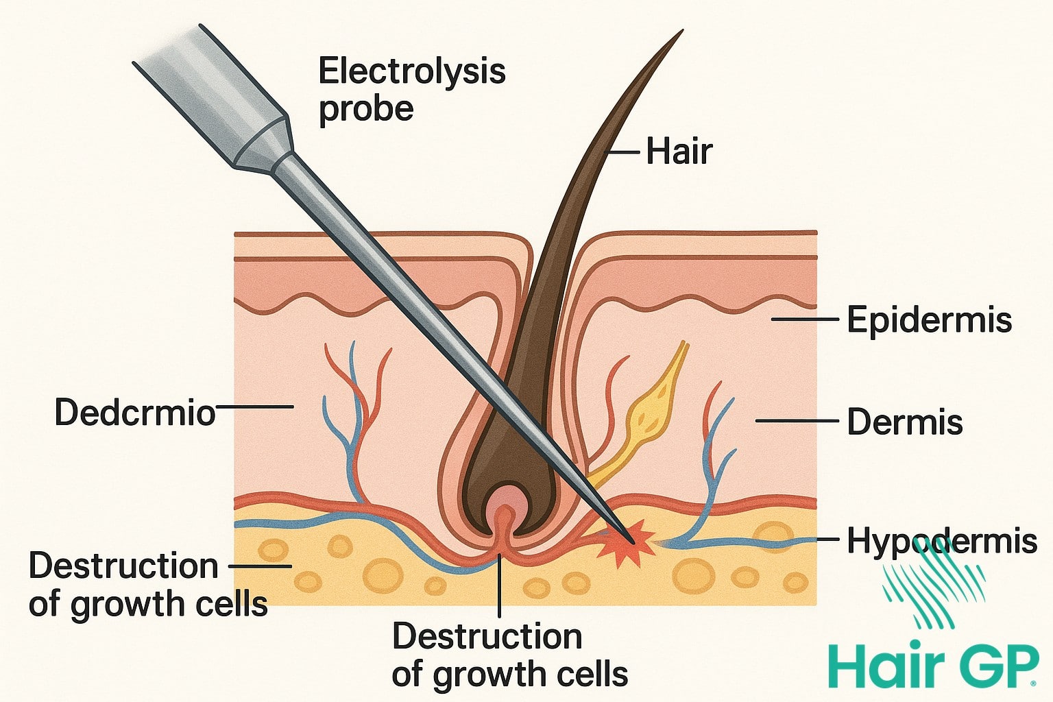 Diagram showing how electrolysis destroys the hair follicle permanently using electric current