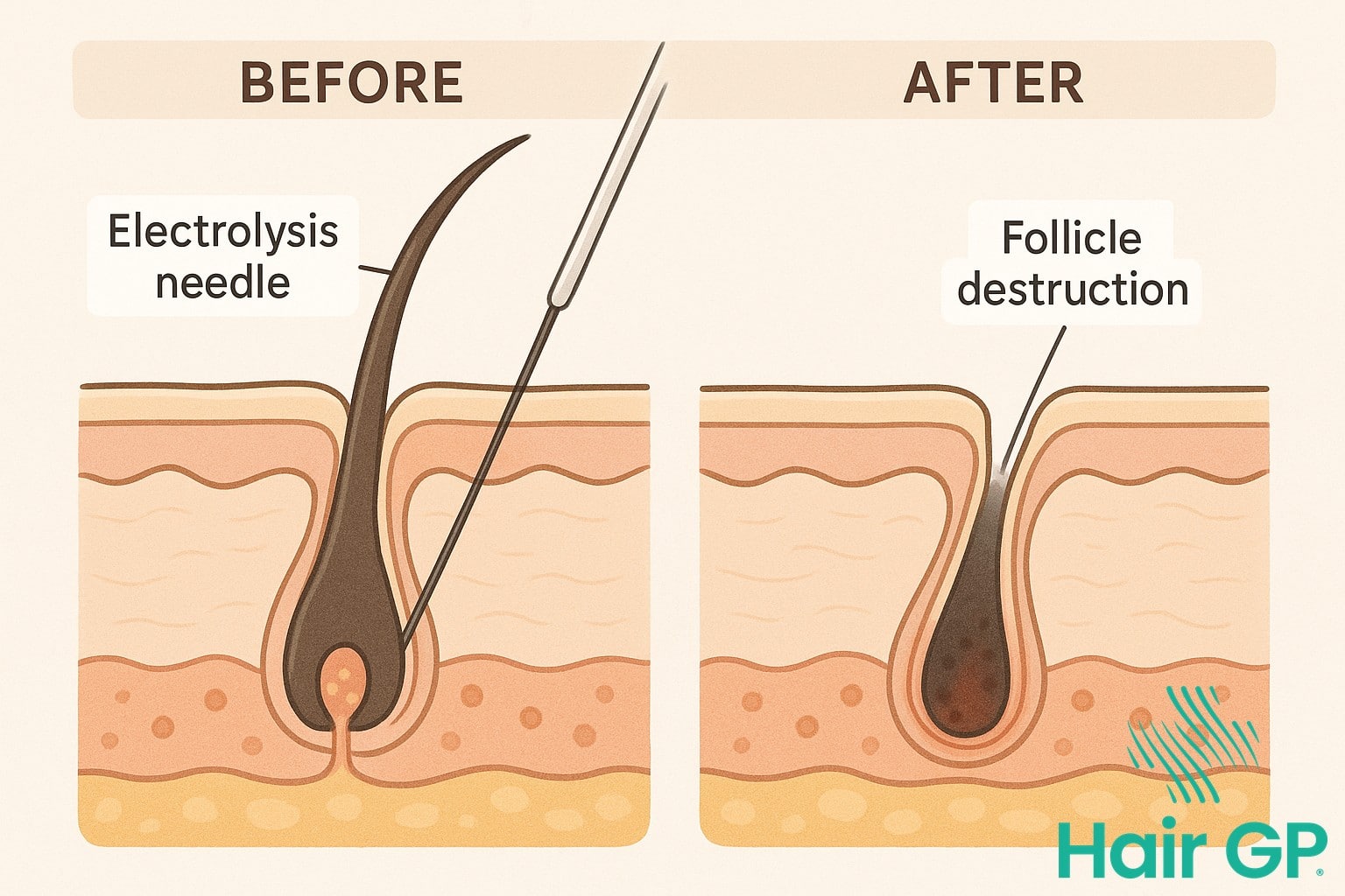 Diagram showing how electrolysis destroys hair follicles permanently