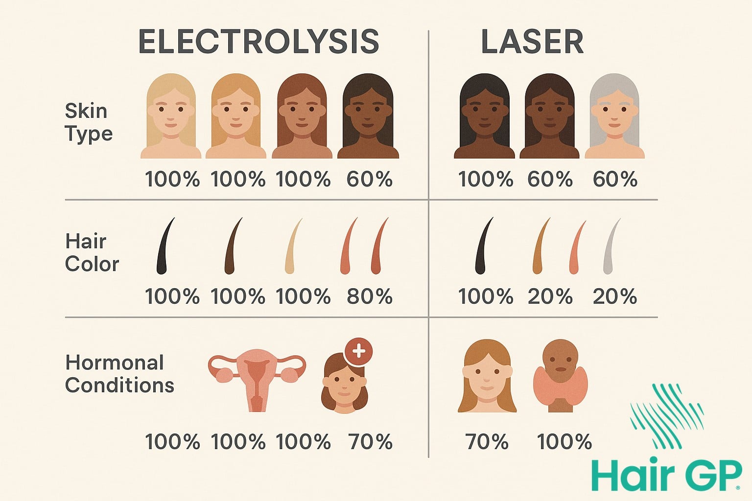 Infographic comparing electrolysis and laser hair removal effectiveness