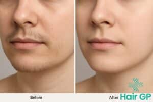 Before and after facial hair removal results showing clear skin after electrolysis treatments